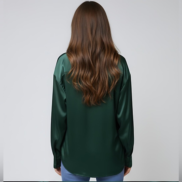 Emerald Satin Button Up Blouse - Picture 3 of 5